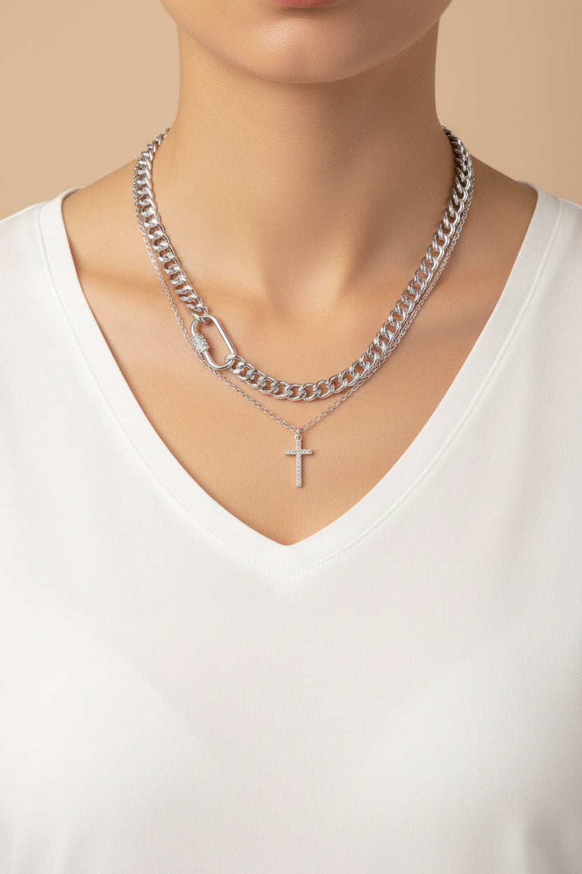 2PCS - Silver Dipped Stone Pave Cross Pendant Carabiner Chunky Chain Necklaces M H W ACCESSORIES LLC 2PCS - Silver Dipped Stone Pave Cross Pendant Carabiner Chunky Chain Necklaces