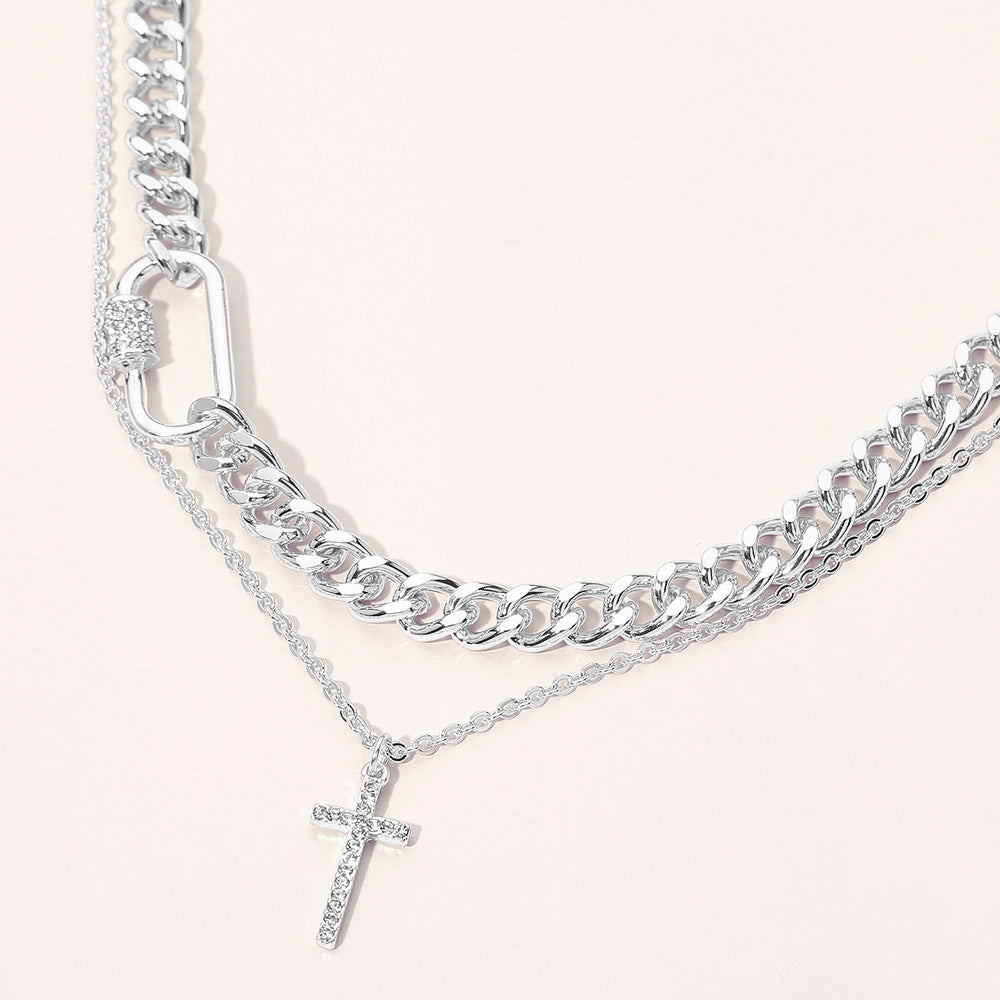 2PCS - Silver Dipped Stone Pave Cross Pendant Carabiner Chunky Chain Necklaces M H W ACCESSORIES LLC 2PCS - Silver Dipped Stone Pave Cross Pendant Carabiner Chunky Chain Necklaces