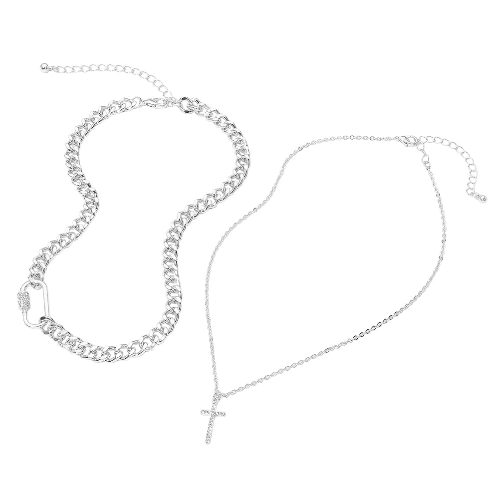 2PCS - Silver Dipped Stone Pave Cross Pendant Carabiner Chunky Chain Necklaces M H W ACCESSORIES LLC 2PCS - Silver Dipped Stone Pave Cross Pendant Carabiner Chunky Chain Necklaces