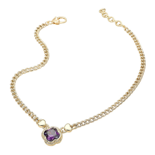 14K Gold Plated Purple CZ Quatrefoil Pendant Pointed Chain Necklace