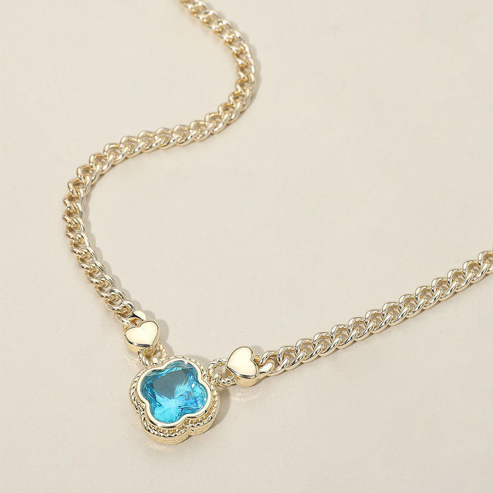 14K Gold Plated Blue CZ Quatrefoil Pendant Pointed Chain Necklace (Copy)