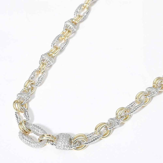 14K Gold Plated Two Tone CZ Paved Mariner Link Necklace