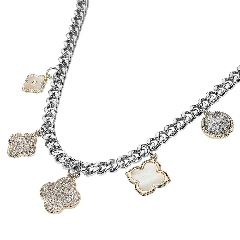 14K Gold Plated CZ Stone Paved Clover Station Necklace