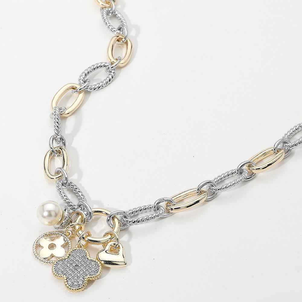 14K Gold Plated CZ Paved Quatrefoil Pearl Metal Heart Pendant Two Tone Chunky Chain Necklace