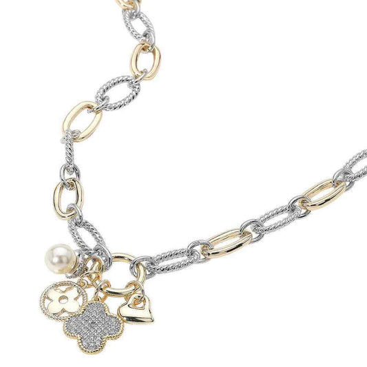 14K Gold Plated CZ Paved Quatrefoil Pearl Metal Heart Pendant Two Tone Chunky Chain Necklace