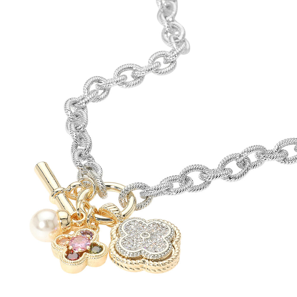 14K Gold Plated Two Tone CZ Paved Quatrefoil Cluster Pearl Charm Accent Necklace
