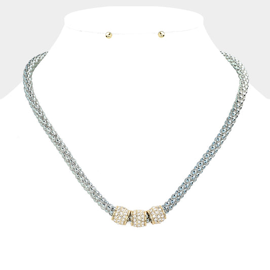 Gray Rhinestone Embellished Triple Ring Accented Necklace