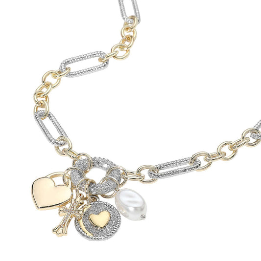 14K Gold Plated CZ Stone Paved Circle Ball Heart Charm Pendant Industrial Chain Necklace