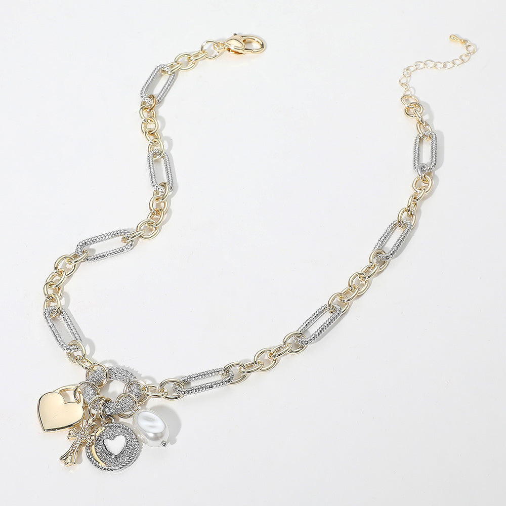 14K Gold Plated CZ Stone Paved Circle Ball Heart Charm Pendant Industrial Chain Necklace