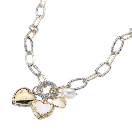 Two Tone 14K Gold Plated CZ  Ring LOVE Message Engraved Mother of Pearl Heart Pearl Charm Pendant Necklace