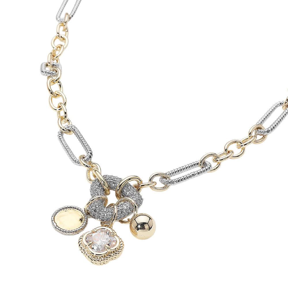 Two Tone 14K Gold Plated CZ Paved Heart Ring Disc Ball Quatrefoil Cluster Charm Pendant Necklace