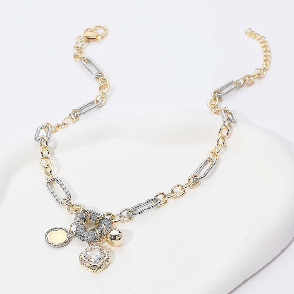 Two Tone 14K Gold Plated CZ Paved Heart Ring Disc Ball Quatrefoil Cluster Charm Pendant Necklace