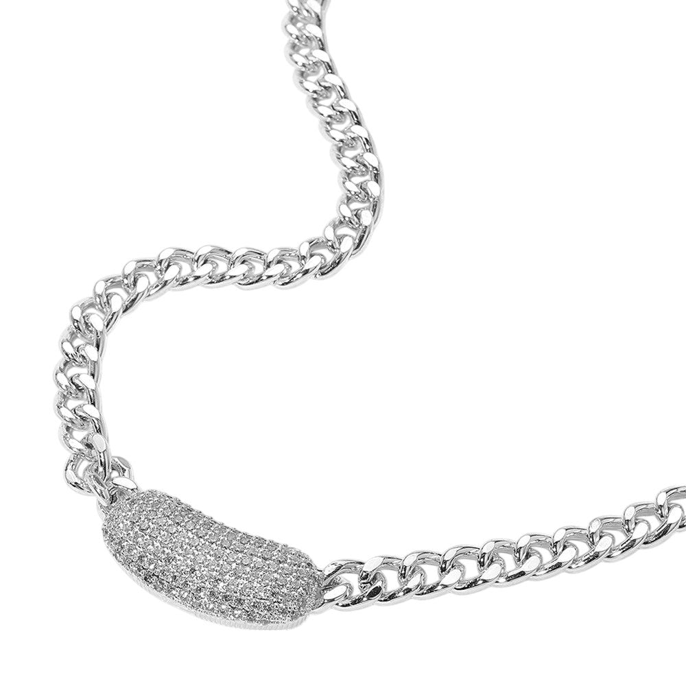 Rhodium CZ Paved Bean Bar Pendant Curb Chain Necklace