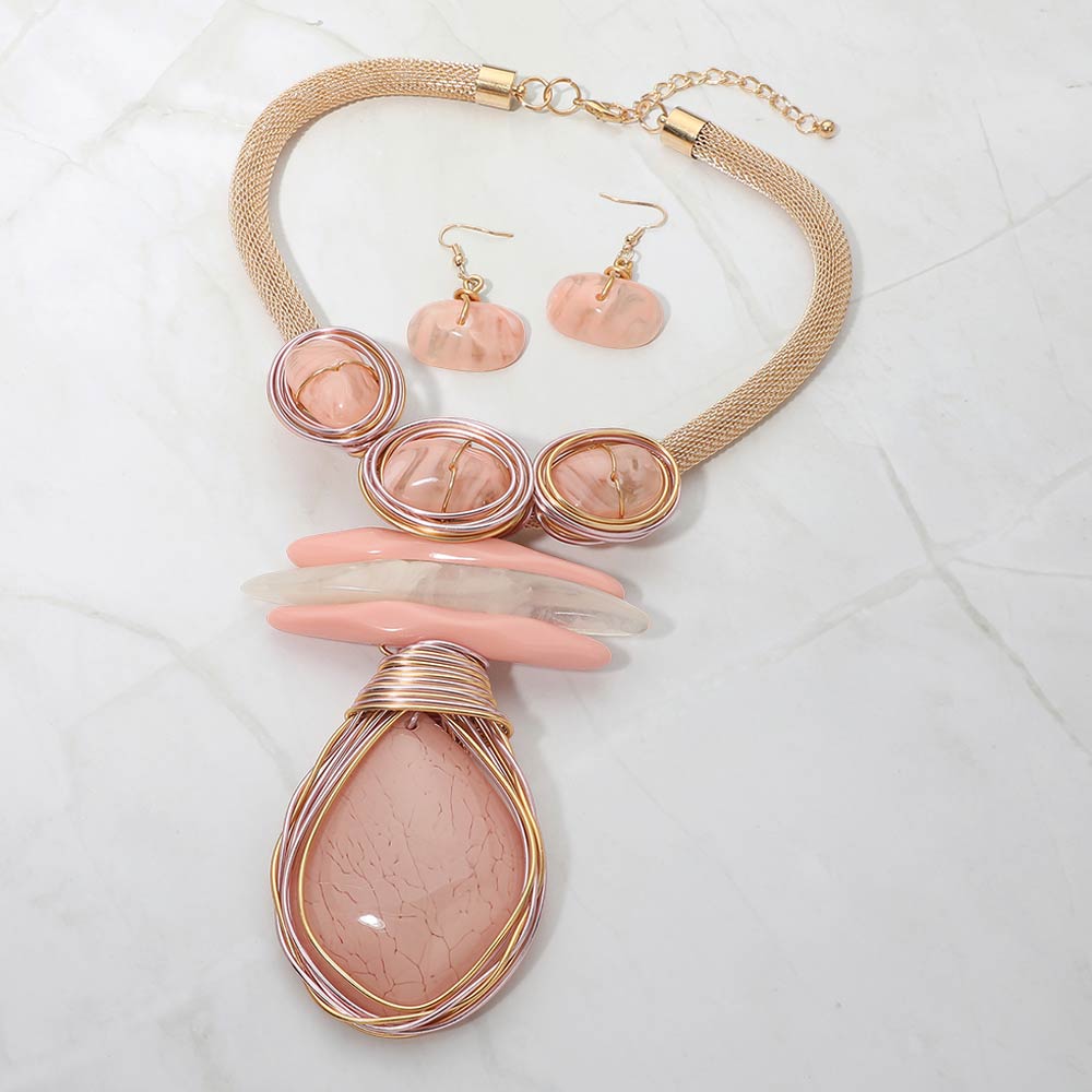 Bold Pink Abstract Resin Stone Pendant Accent Statement Necklace
