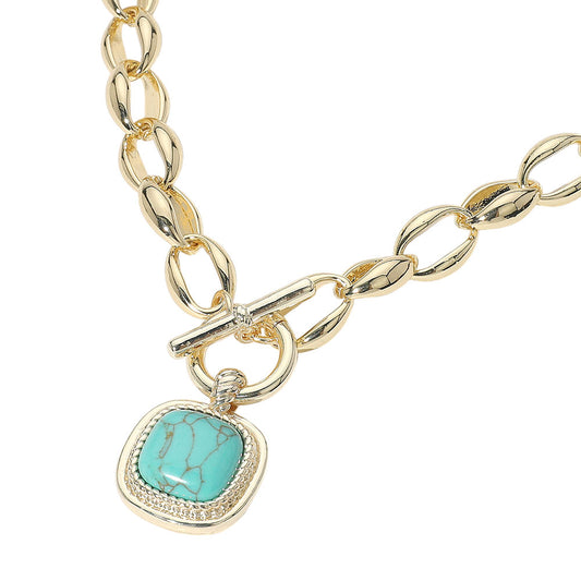 14K Gold Plated Bold Square Turquoise Stone Pendant Toggle Necklace