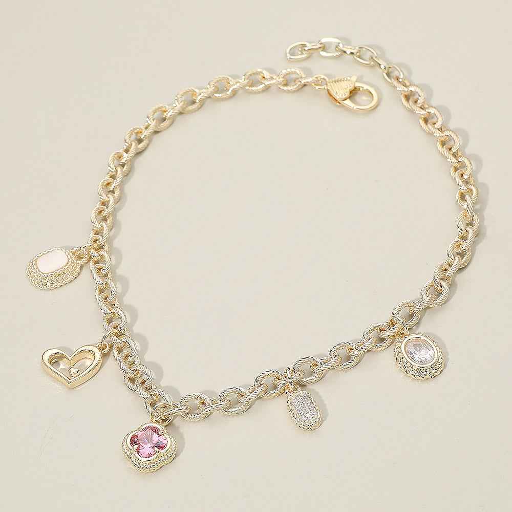 14K Gold Plated CZ Mixed Charm Station Necklace