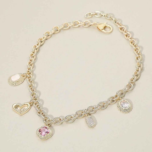 14K Gold Plated CZ Mixed Charm Station Necklace