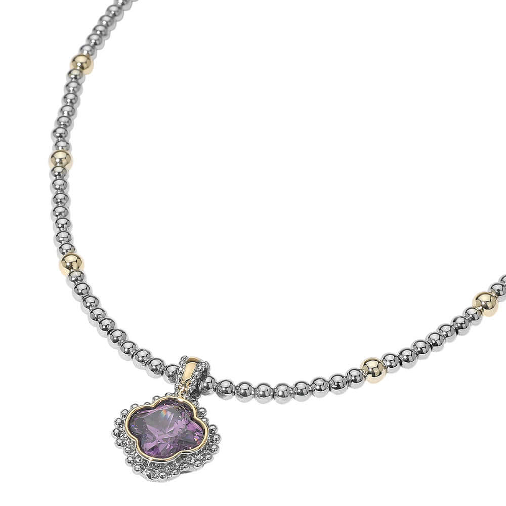 14K Gold Plated Purple CZ Quatrefoil Pendant Two Tone Ball Beaded Necklace