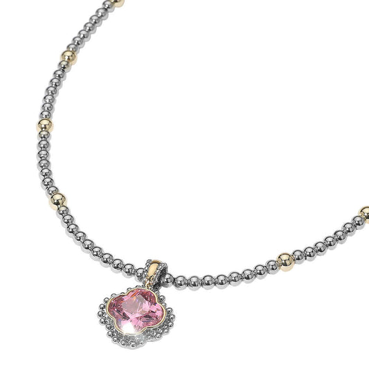 14K Gold Plated Pink CZ Quatrefoil  Two Tone Beaded Necklace