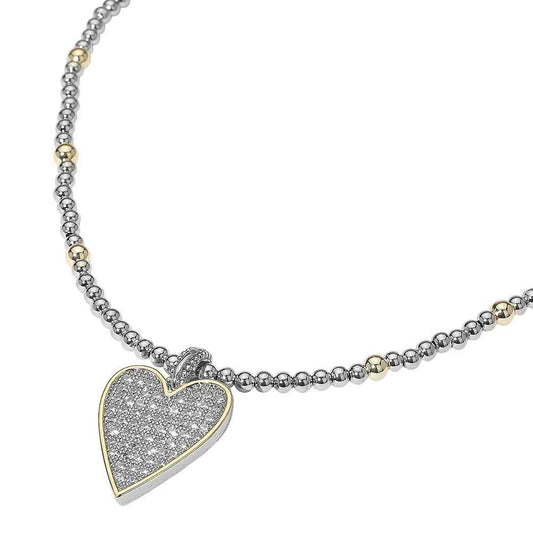 14K Gold Plated Two Tone Ball Beaded CZ Stone Paved Heart Pendant Necklace