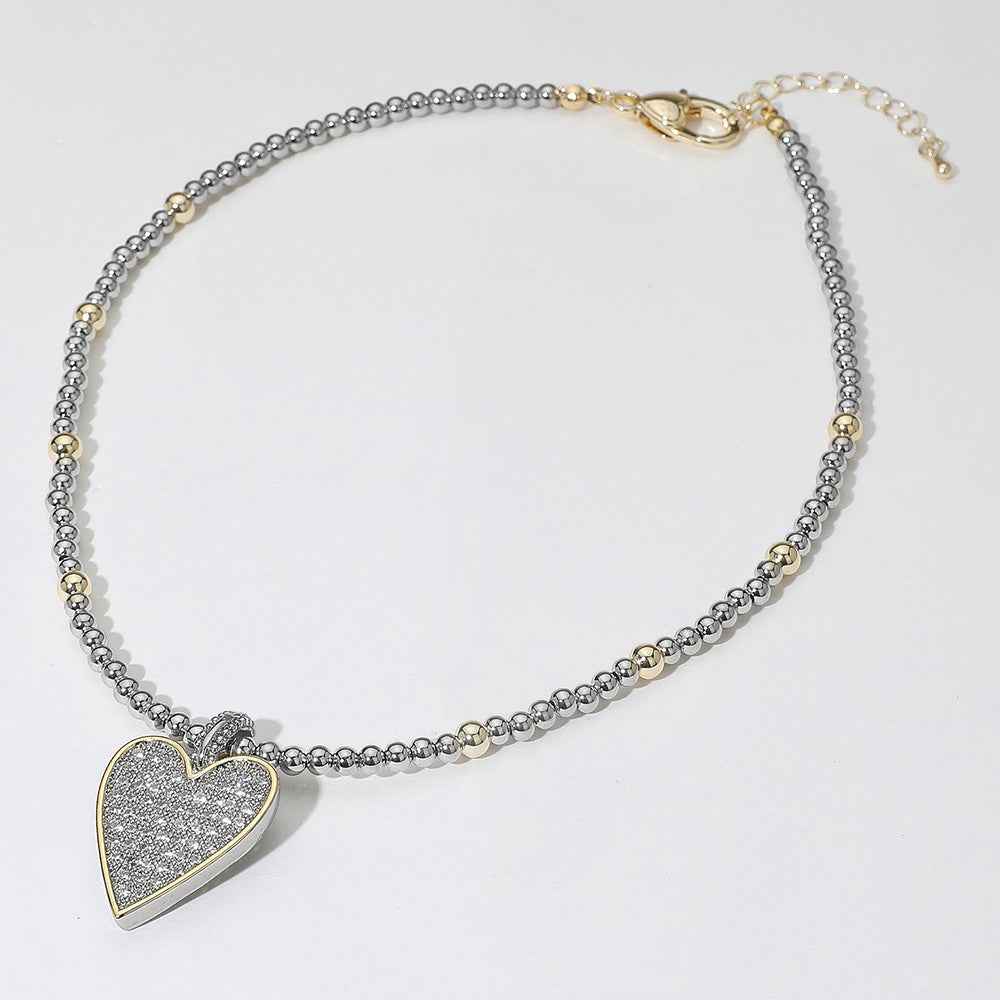 14K Gold Plated Two Tone Ball Beaded CZ Stone Paved Heart Pendant Necklace