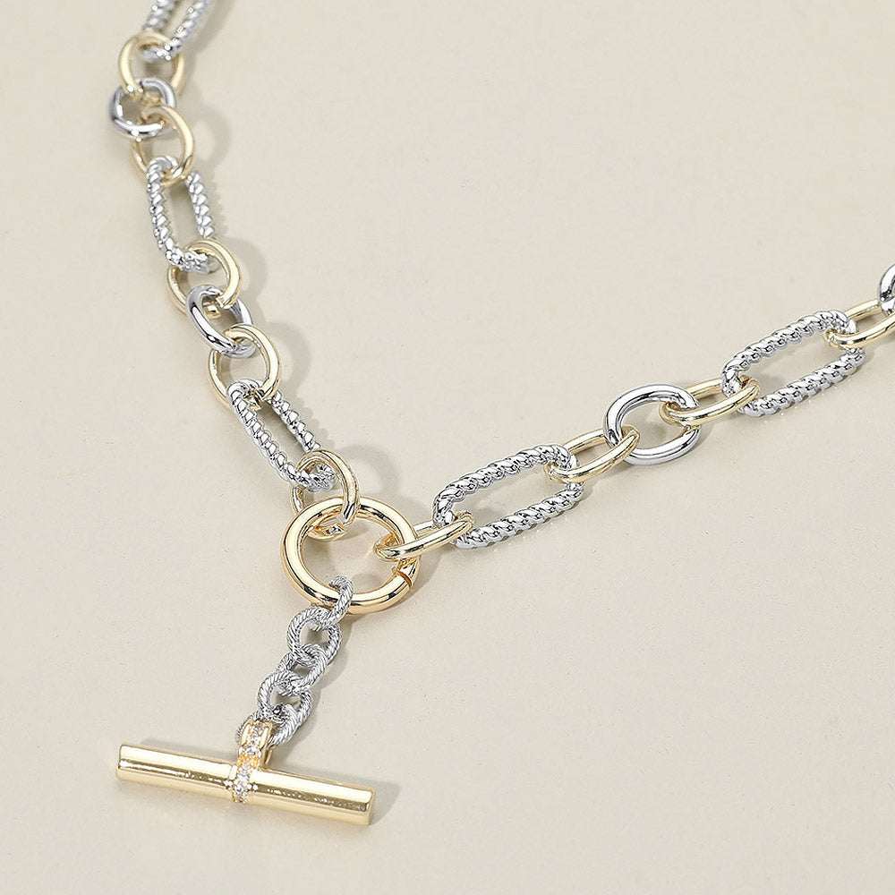 14K Gold Plated Two Tone CZ Stone Paved Toggle Pendant Chunky Chain Necklace M H W ACCESSORIES LLC 14K Gold Plated Two Tone CZ Stone Paved Toggle Pendant Chunky Chain Necklace