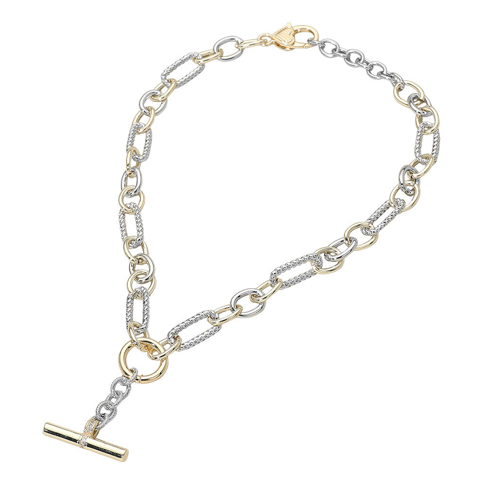 14K Gold Plated Two Tone CZ Stone Paved Toggle Pendant Chunky Chain Necklace