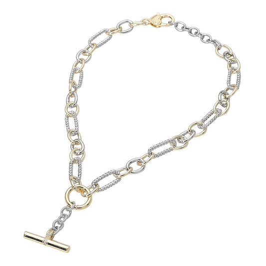 14K Gold Plated Two Tone CZ Stone Paved Toggle Pendant Chunky Chain Necklace