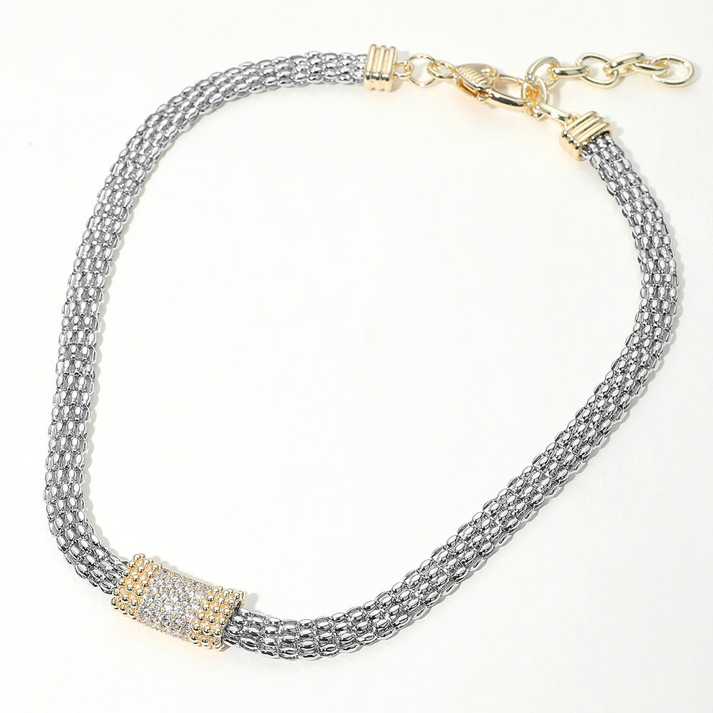 14K Gold Plated Two Tone CZ  Rectangular Plate Accent Mesh Chain Necklace