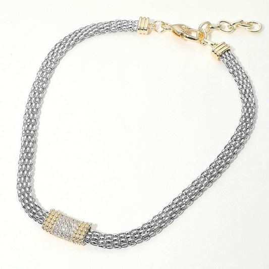14K Gold Plated Two Tone CZ  Rectangular Plate Accent Mesh Chain Necklace M H W ACCESSORIES LLC 14K Gold Plated Two Tone CZ  Rectangular Plate Accent Mesh Chain Necklace