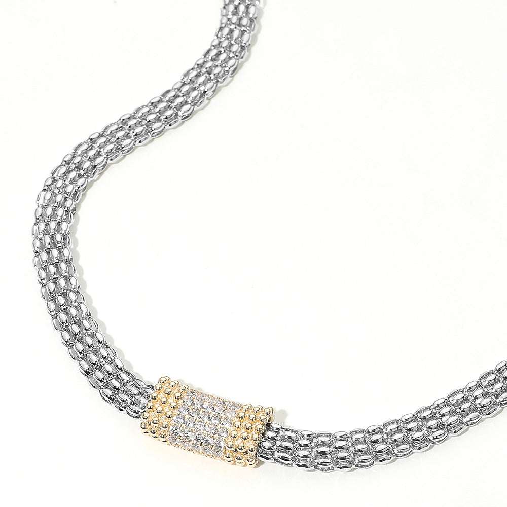 14K Gold Plated Two Tone CZ  Rectangular Plate Accent Mesh Chain Necklace M H W ACCESSORIES LLC 14K Gold Plated Two Tone CZ  Rectangular Plate Accent Mesh Chain Necklace
