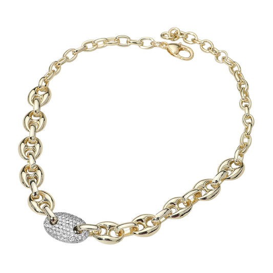 14K Gold Plated Two Tone CZ Stone Paved Mariner Link Chain Necklace