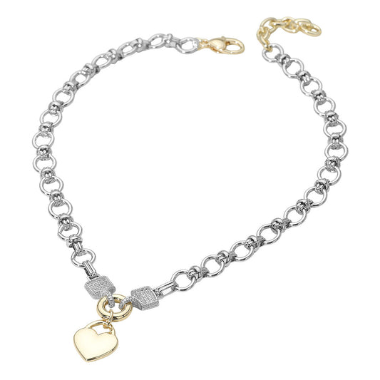 14K Gold-Plated Two-Tone Heart Pendant CZ  Paved Link Chain Necklace