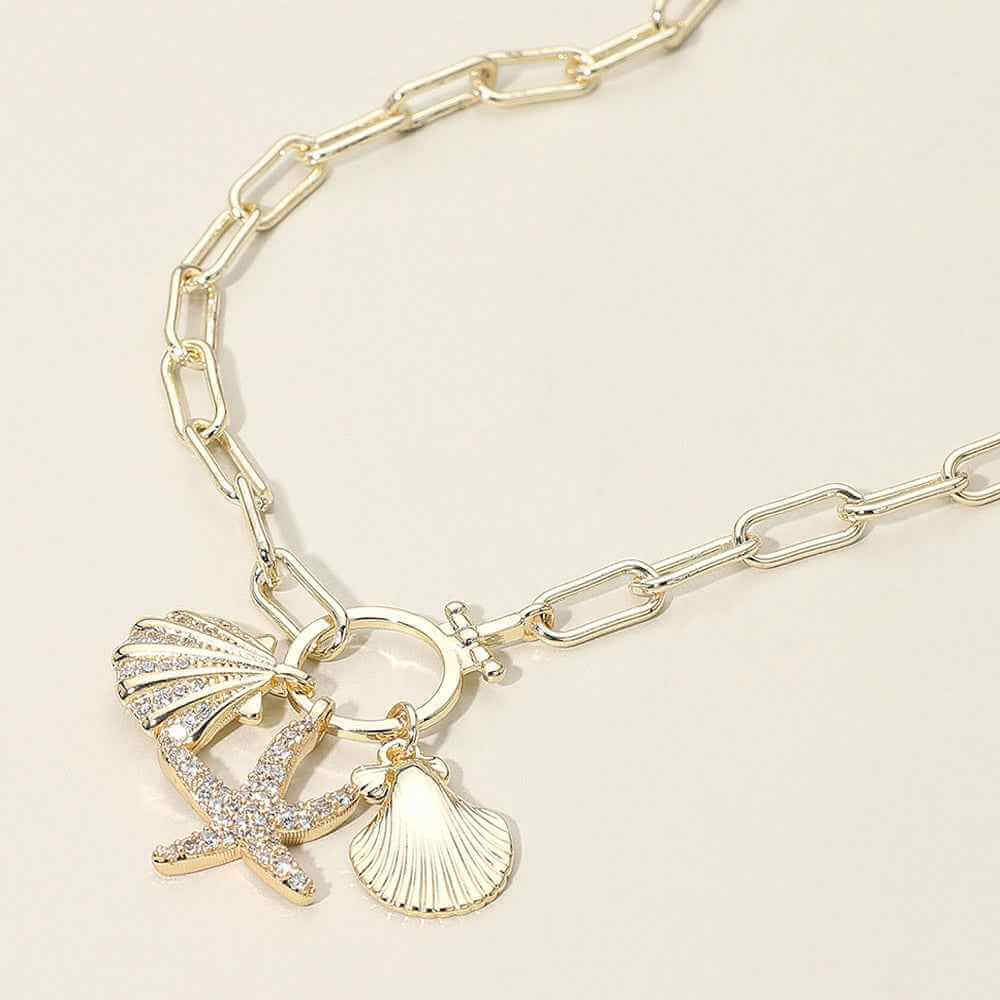 14k Gold Plated CZ Stone Paved Starfish Sea Shell Charm Pendant Chain Necklace