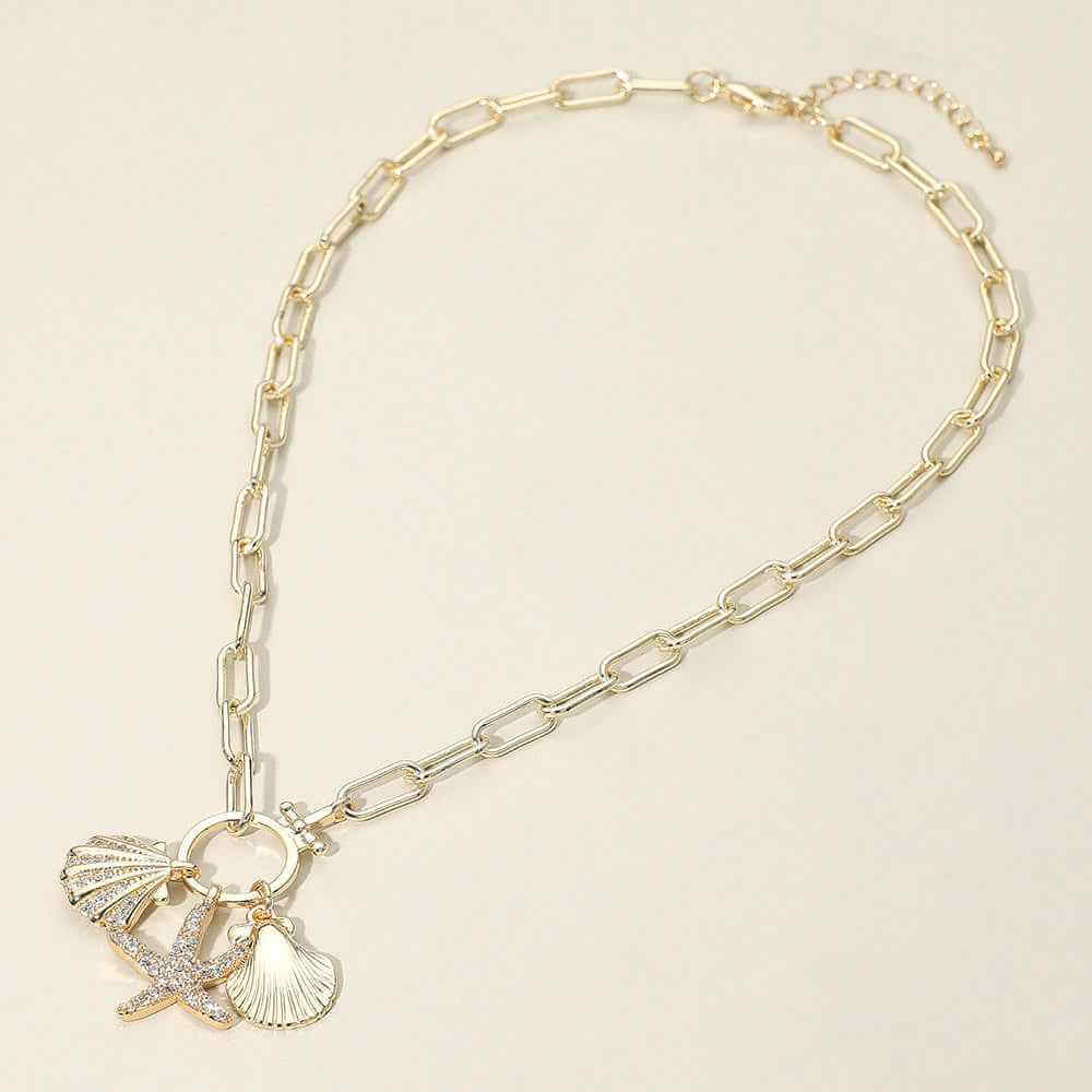 14k Gold Plated CZ Stone Paved Starfish Sea Shell Charm Pendant Chain Necklace