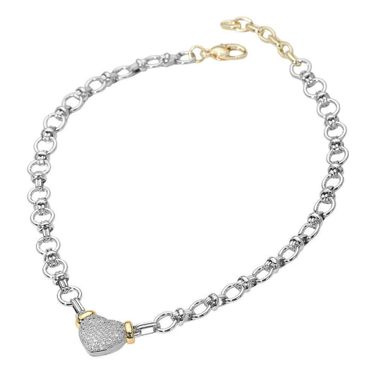 14K Gold Plated Two Tone CZ Heart Pendant Chunky Chain Link Necklace