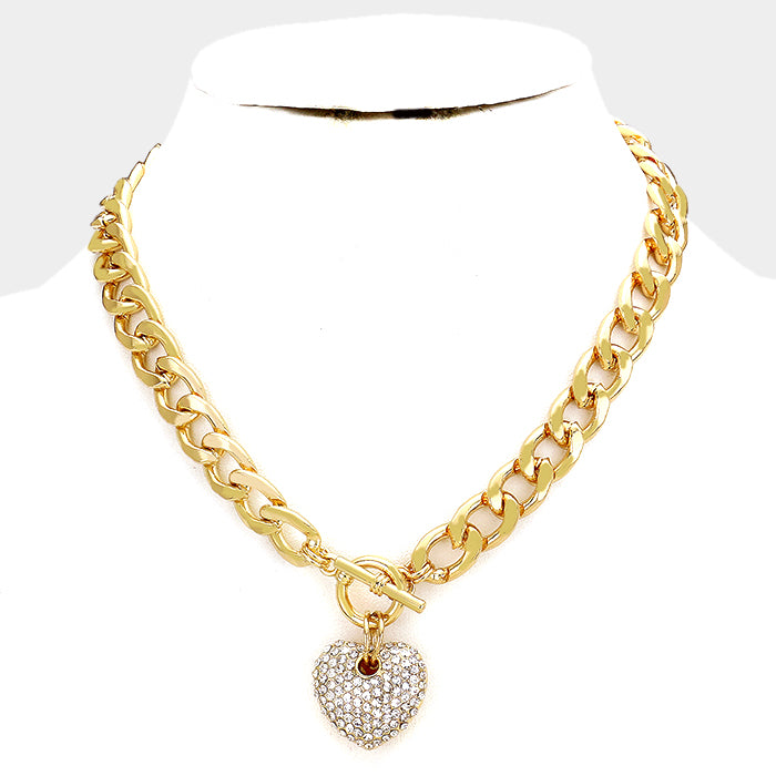 Clear Gold Rhinestone Pave Heart Pendant Toggle Necklace