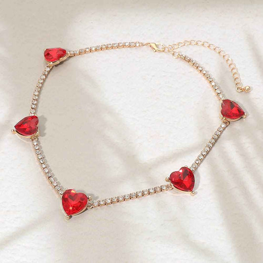 Red Heart Cluster Station Tennis Chain Necklace