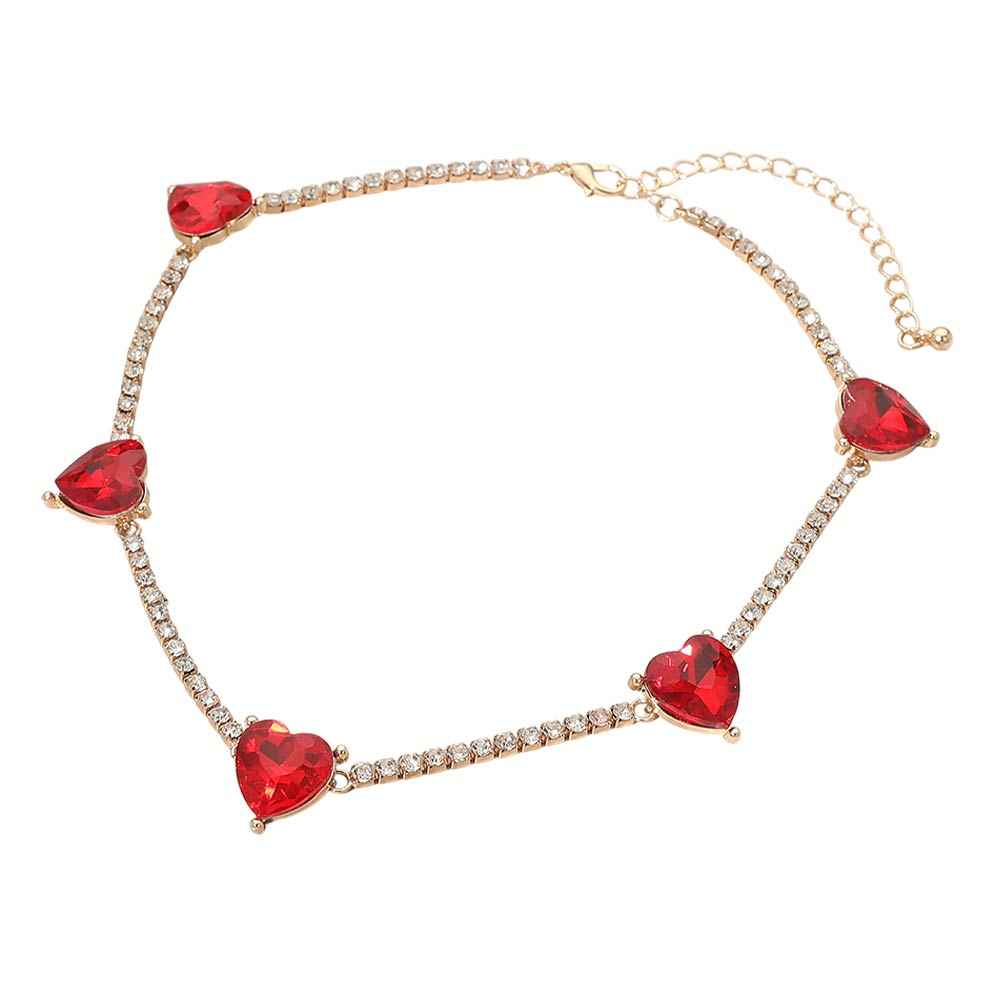 Red Heart Cluster Station Tennis Chain Necklace