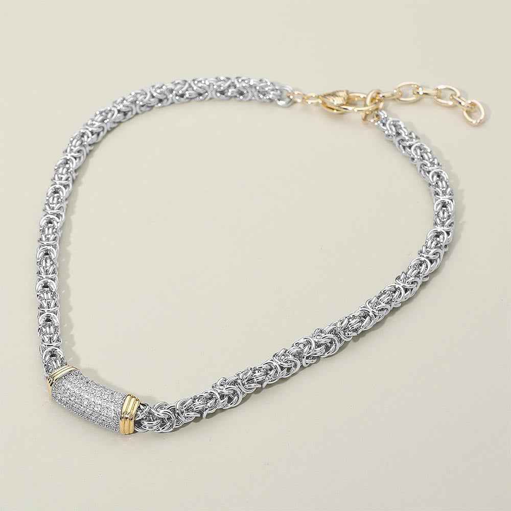 14K Gold Plated Two Tone CZ Paved Barrel Accent Mixed Link Chain Necklace