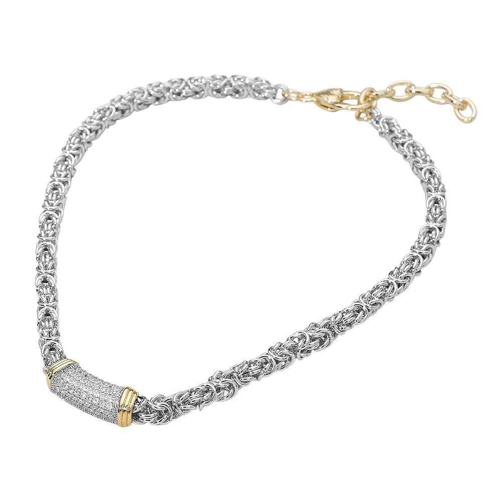 14K Gold Plated Two Tone CZ Paved Barrel Accent Mixed Link Chain Necklace