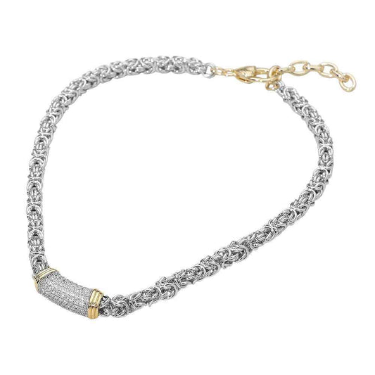 14K Gold Plated Two Tone CZ Paved Barrel Accent Mixed Link Chain Necklace
