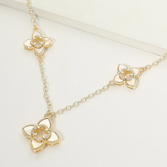 14K Gold Plated CZ Rim Mother of Pearl Floral Charm Link Necklace M H W ACCESSORIES LLC 14K Gold Plated CZ Rim Mother of Pearl Floral Charm Link Necklace