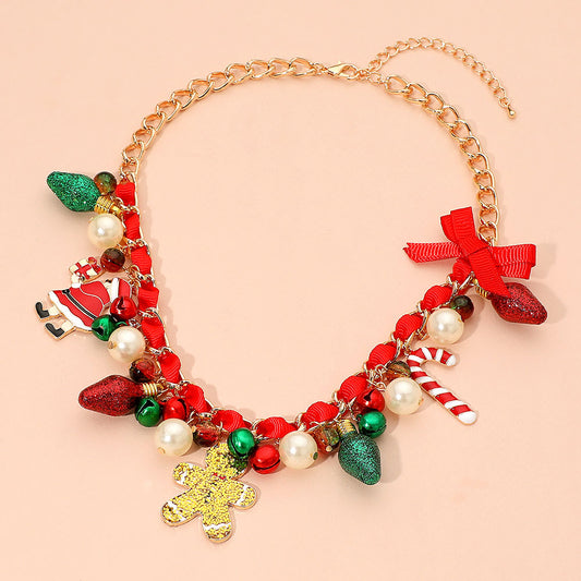 Holiday Santa Green & Red Gingerbread Man Candy Cane Pearl Bow Charm Beaded Necklace (Copy)