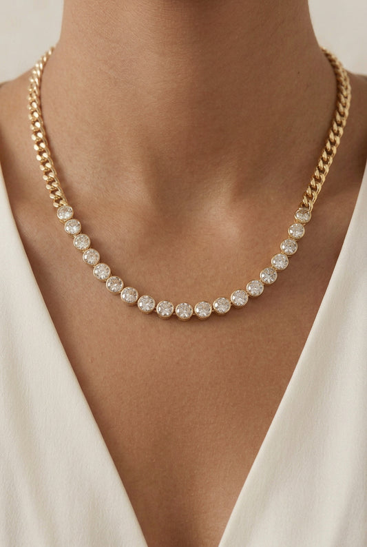 14K Gold Plated Round CZ Bezel Link Chain Necklace M H W ACCESSORIES LLC 14K Gold Plated Round CZ Bezel Link Chain Necklace