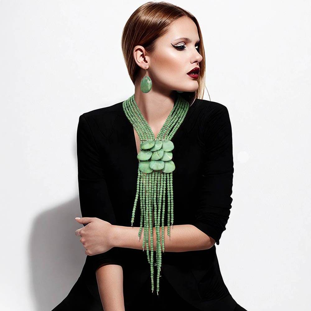Lime Bold Layered Fringe Beaded Statement Necklace Set