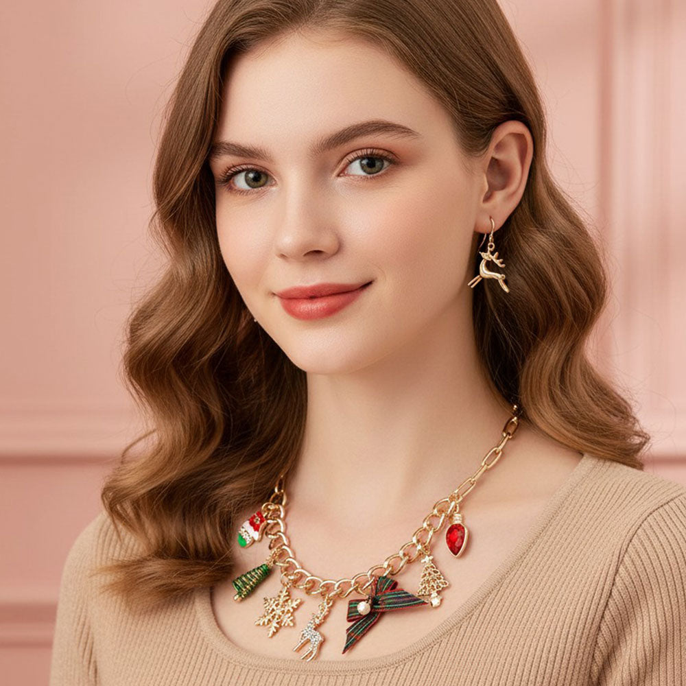 Christmas Tree Bow Reindeer Snowflake Light Bulb Charm Station Necklace M H W ACCESSORIES LLC Christmas Tree Bow Reindeer Snowflake Light Bulb Charm Station Necklace