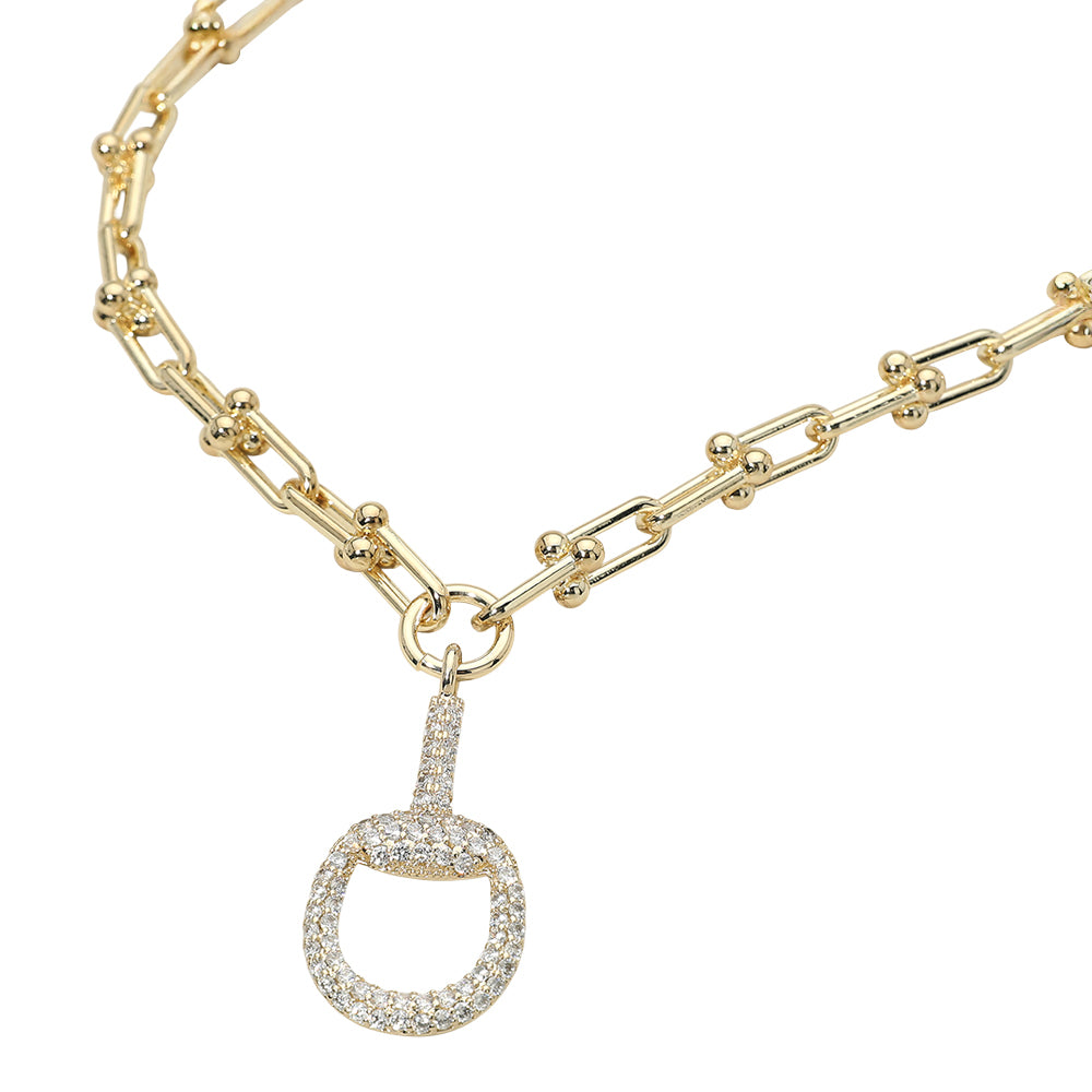 14K Gold Plated Chunky Industrial Chain CZ Pave Half Horsebit Pendant Necklace (Copy)