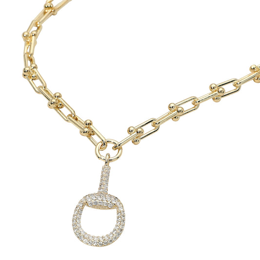 14K Gold Plated Chunky Industrial Chain CZ Pave Half Horsebit Pendant Necklace (Copy)