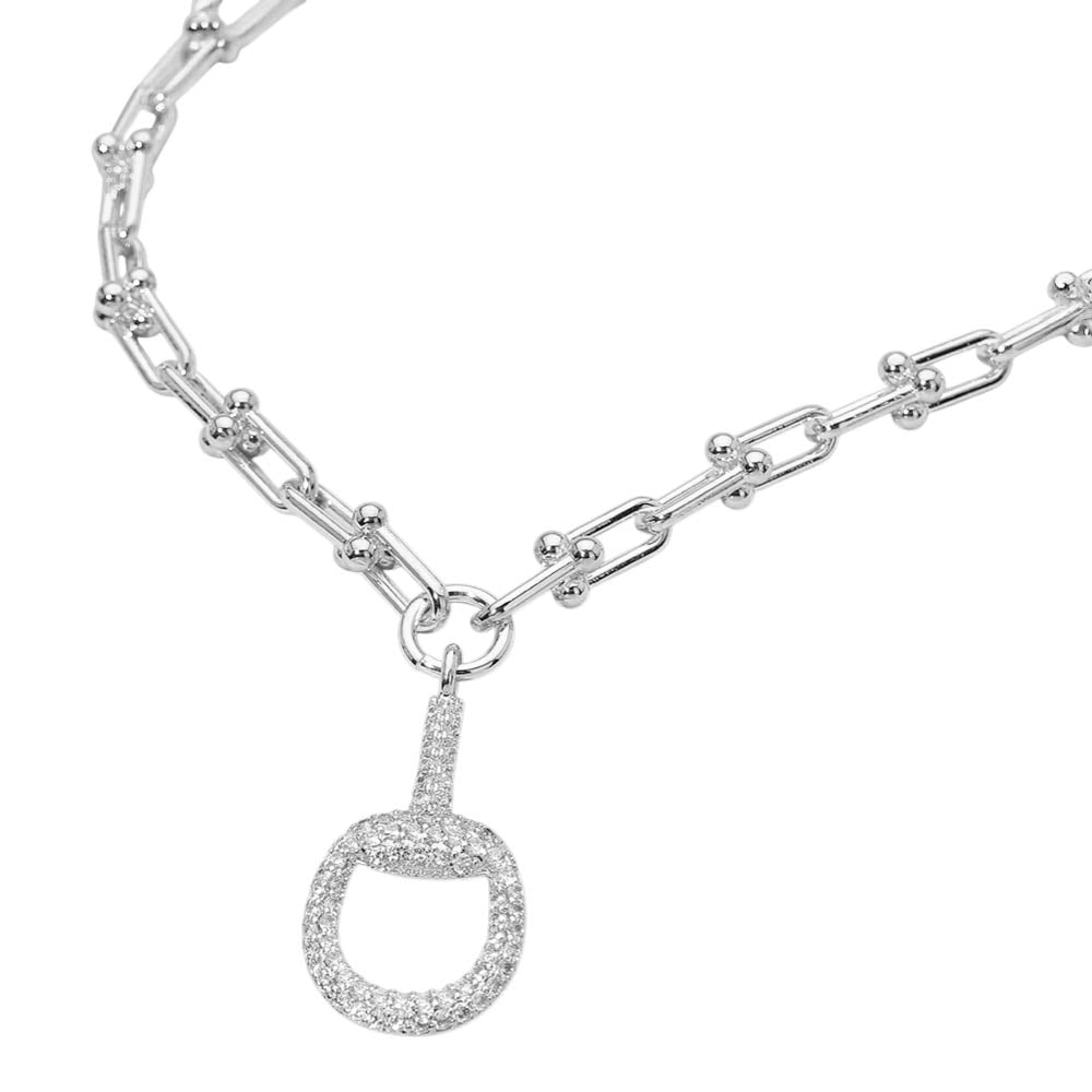 14K White Gold Plated Chunky Industrial Chain CZ Pave Half Horsebit Pendant Necklace